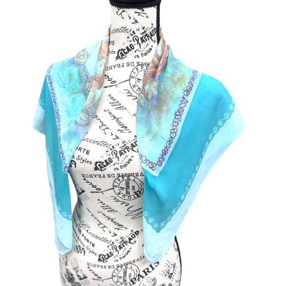 Aphrodite Silk Scarf By Ifadi Greece 31” Square Aqua Blue & Greek Goddess Print - Picture 2 of 8